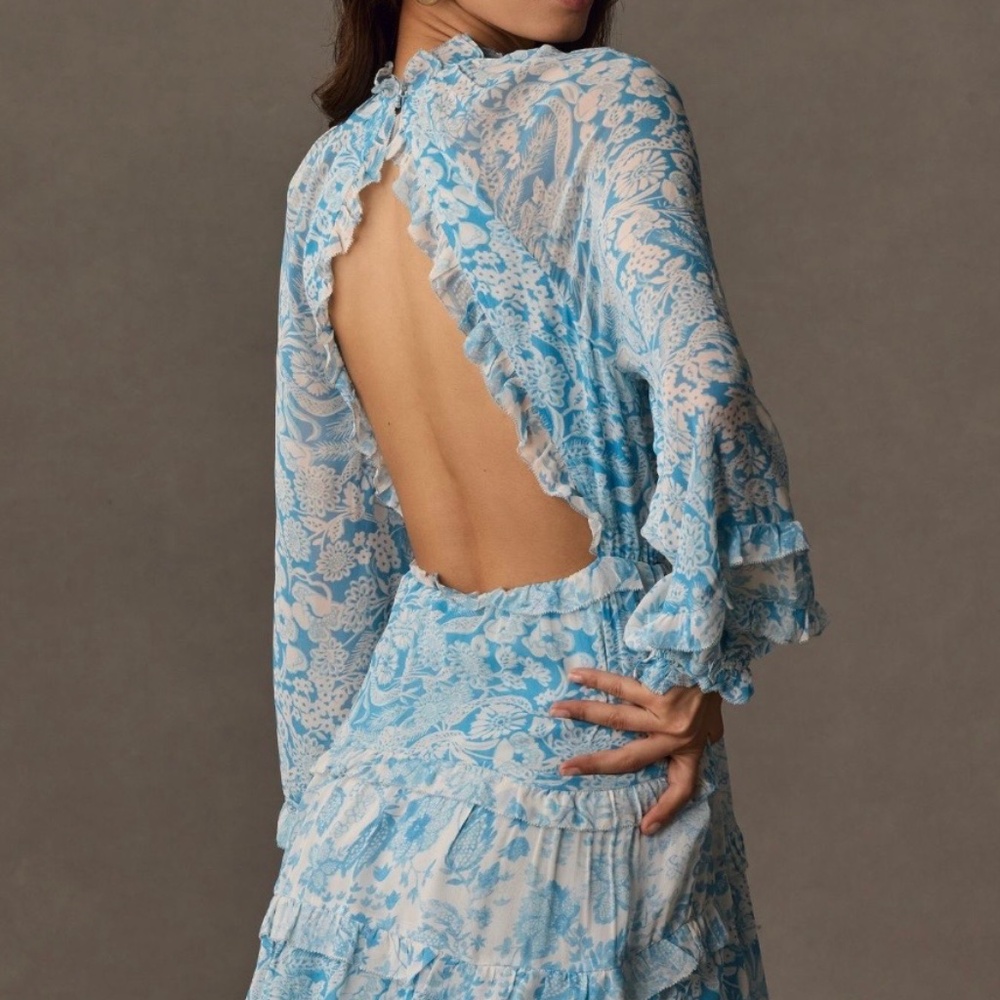 By Anthropologie Long-Sleeve Backless Sheer Ruffle Mini Dress - Picture 16 of 16